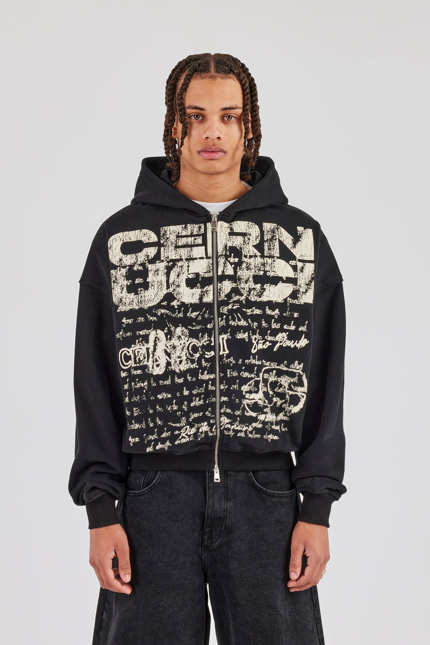 Washed Boxy Zip Through Printed Hoodie - Black